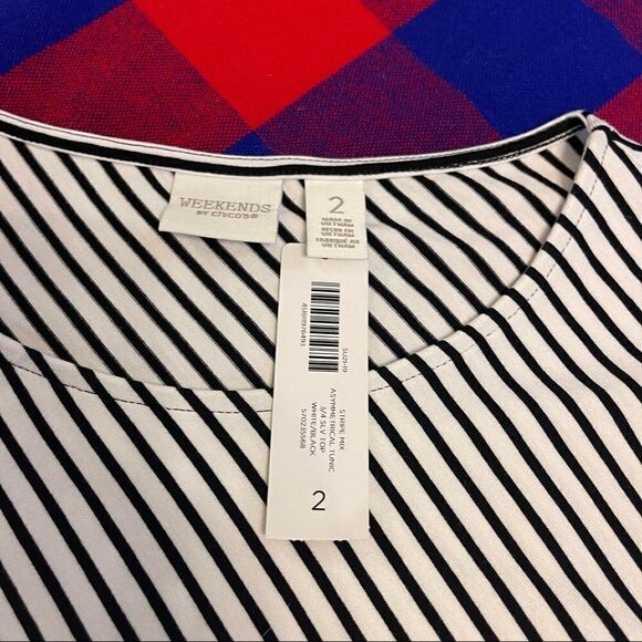 NWT Chico’s White Black Asymmetrical Tunic 3/4 Sleeve Top Size 2 NEW - Picture 5 of 8